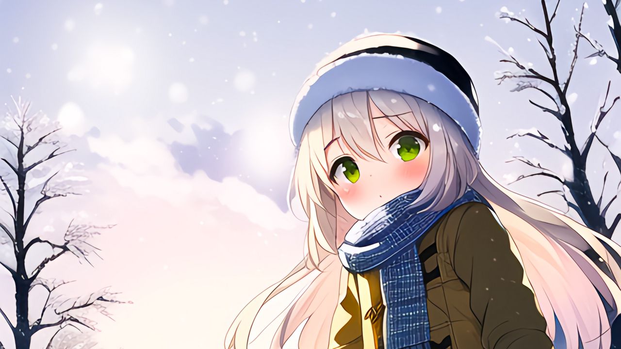 Wallpaper girl, hat, scarf, snow, anime