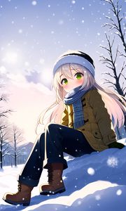 Preview wallpaper girl, hat, scarf, snow, anime