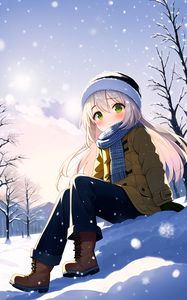 Preview wallpaper girl, hat, scarf, snow, anime