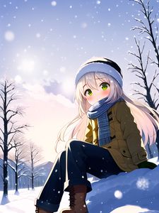 Preview wallpaper girl, hat, scarf, snow, anime