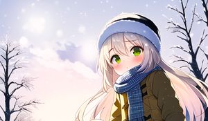 Preview wallpaper girl, hat, scarf, snow, anime