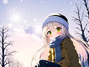 Preview wallpaper girl, hat, scarf, snow, anime