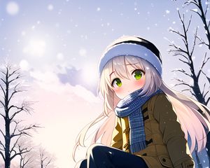 Preview wallpaper girl, hat, scarf, snow, anime