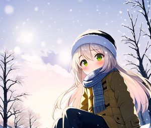 Preview wallpaper girl, hat, scarf, snow, anime