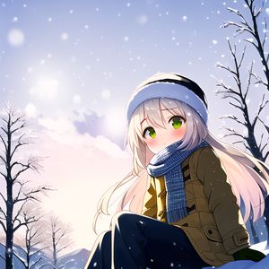 Preview wallpaper girl, hat, scarf, snow, anime