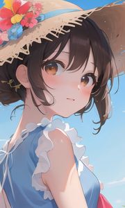 Preview wallpaper girl, hat, sky, anime, glance