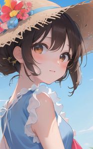Preview wallpaper girl, hat, sky, anime, glance