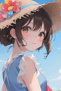 Preview wallpaper girl, hat, sky, anime, glance