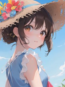 Preview wallpaper girl, hat, sky, anime, glance