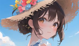 Preview wallpaper girl, hat, sky, anime, glance