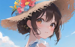 Preview wallpaper girl, hat, sky, anime, glance