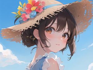 Preview wallpaper girl, hat, sky, anime, glance