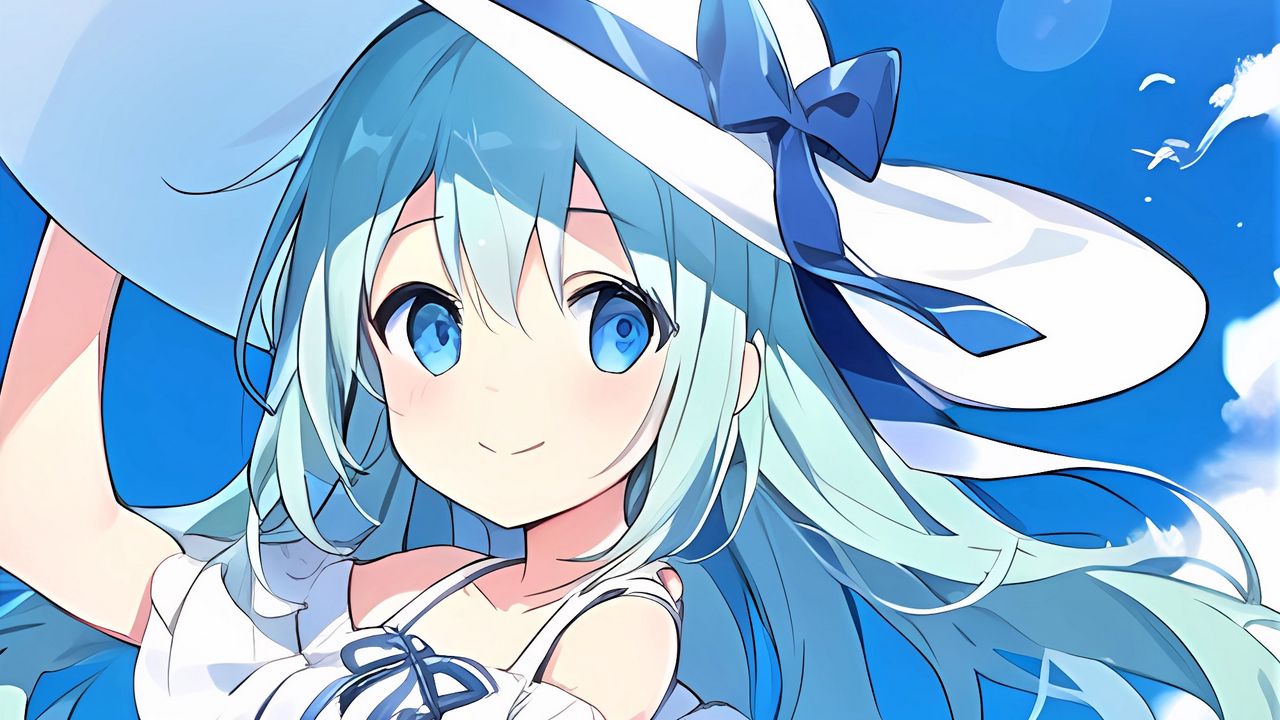 Wallpaper girl, hat, smile, dress, blue, anime