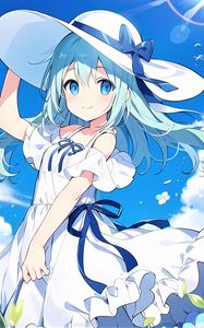 Preview wallpaper girl, hat, smile, dress, blue, anime