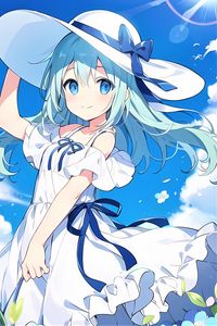 Preview wallpaper girl, hat, smile, dress, blue, anime