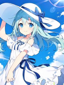 Preview wallpaper girl, hat, smile, dress, blue, anime