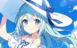 Preview wallpaper girl, hat, smile, dress, blue, anime