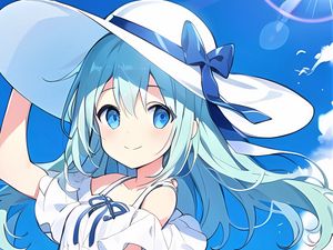 Preview wallpaper girl, hat, smile, dress, blue, anime