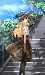 Preview wallpaper girl, hat, stairs, anime