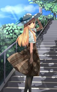 Preview wallpaper girl, hat, stairs, anime