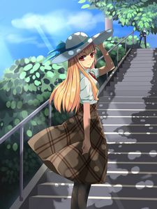 Preview wallpaper girl, hat, stairs, anime