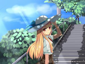 Preview wallpaper girl, hat, stairs, anime