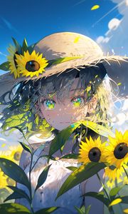 Preview wallpaper girl, hat, sunflowers, flowers, petals, anime