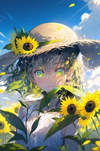 Preview wallpaper girl, hat, sunflowers, flowers, petals, anime