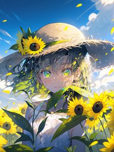 Preview wallpaper girl, hat, sunflowers, flowers, petals, anime