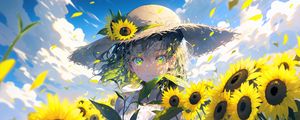 Preview wallpaper girl, hat, sunflowers, flowers, petals, anime