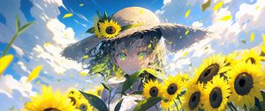 Preview wallpaper girl, hat, sunflowers, flowers, petals, anime