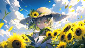 Preview wallpaper girl, hat, sunflowers, flowers, petals, anime