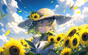 Preview wallpaper girl, hat, sunflowers, flowers, petals, anime