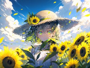 Preview wallpaper girl, hat, sunflowers, flowers, petals, anime