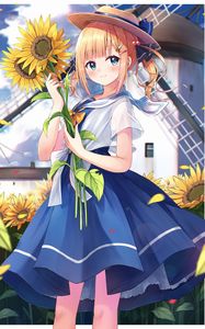 Preview wallpaper girl, hat, sunflowers, anime