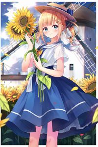 Preview wallpaper girl, hat, sunflowers, anime