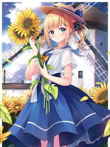 Preview wallpaper girl, hat, sunflowers, anime