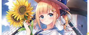 Preview wallpaper girl, hat, sunflowers, anime