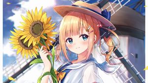 Preview wallpaper girl, hat, sunflowers, anime