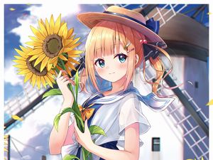 Preview wallpaper girl, hat, sunflowers, anime