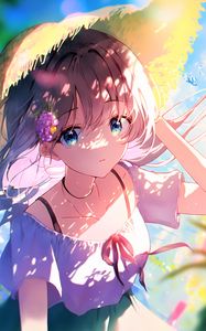 Preview wallpaper girl, hat, sunshine, summer, anime