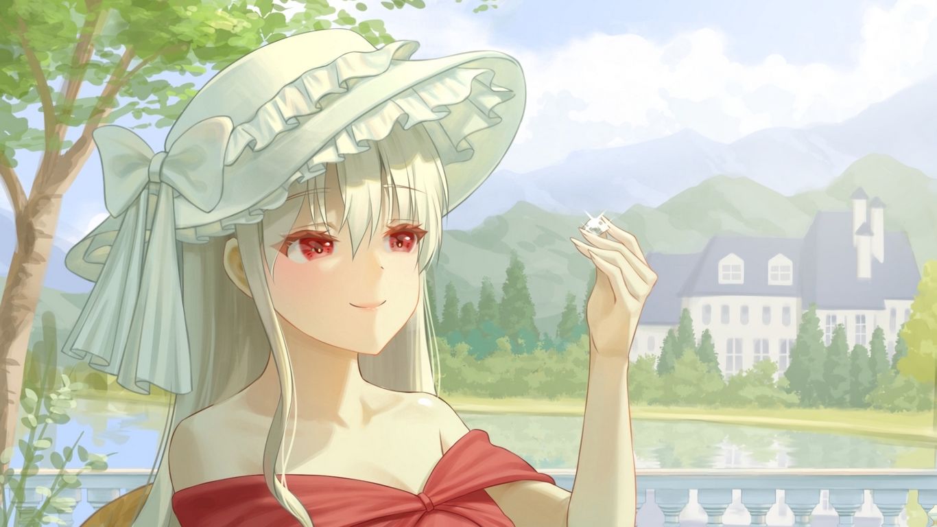 Download wallpaper 1366x768 girl, hat, tea party, anime, art tablet, laptop  hd background