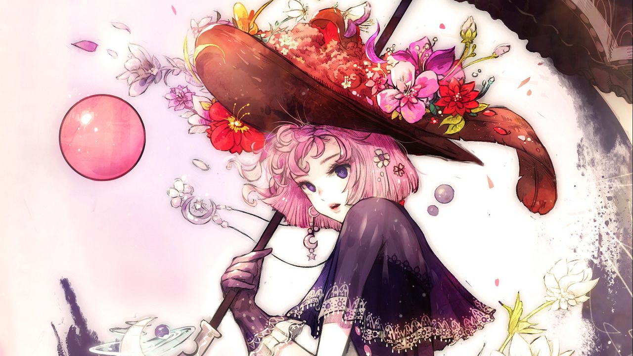 Wallpaper girl, hat, umbrella, anime, art