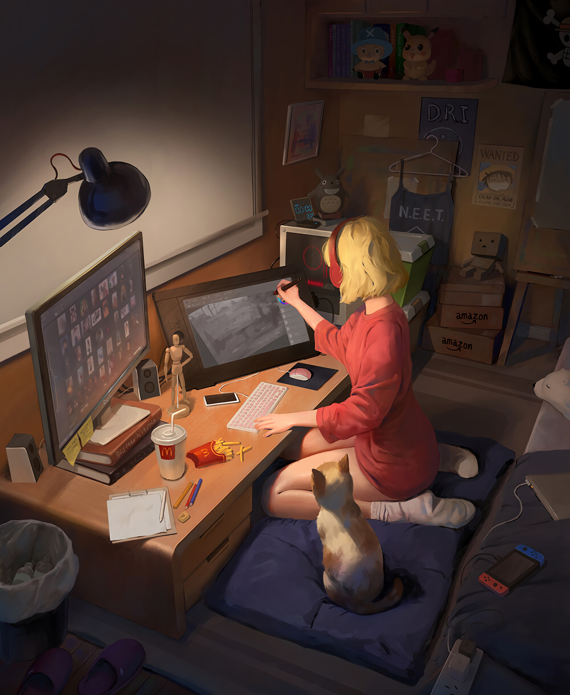 Download wallpaper 2000x2438 girl, headphone, cat, art hd background