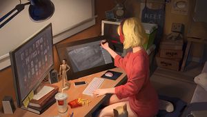 Preview wallpaper girl, headphone, cat, art