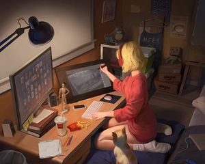 Preview wallpaper girl, headphone, cat, art
