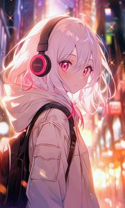 Preview wallpaper girl, headphones, anime, pink, art