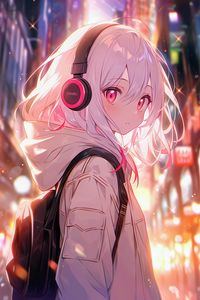 Preview wallpaper girl, headphones, anime, pink, art