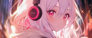 Preview wallpaper girl, headphones, anime, pink, art