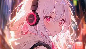 Preview wallpaper girl, headphones, anime, pink, art